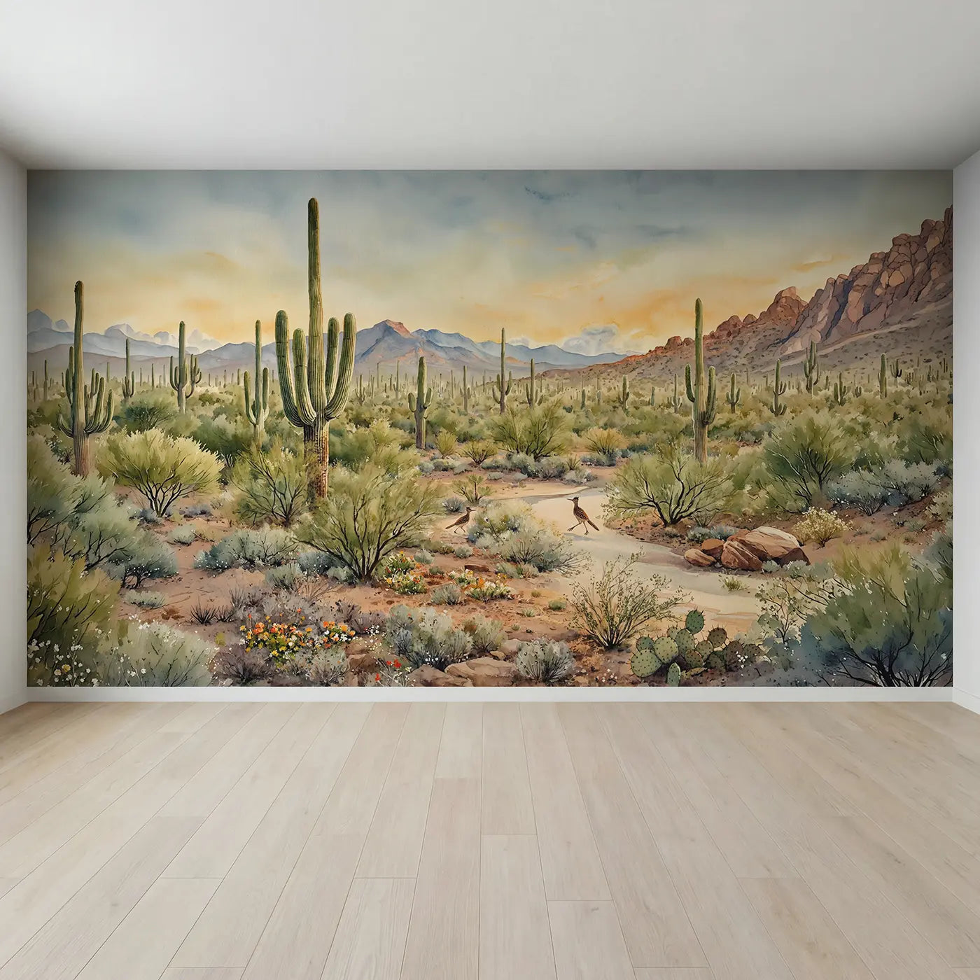 Full view of Saguaro Forest Panorama Wallpaper Mural by Whimsy Tots