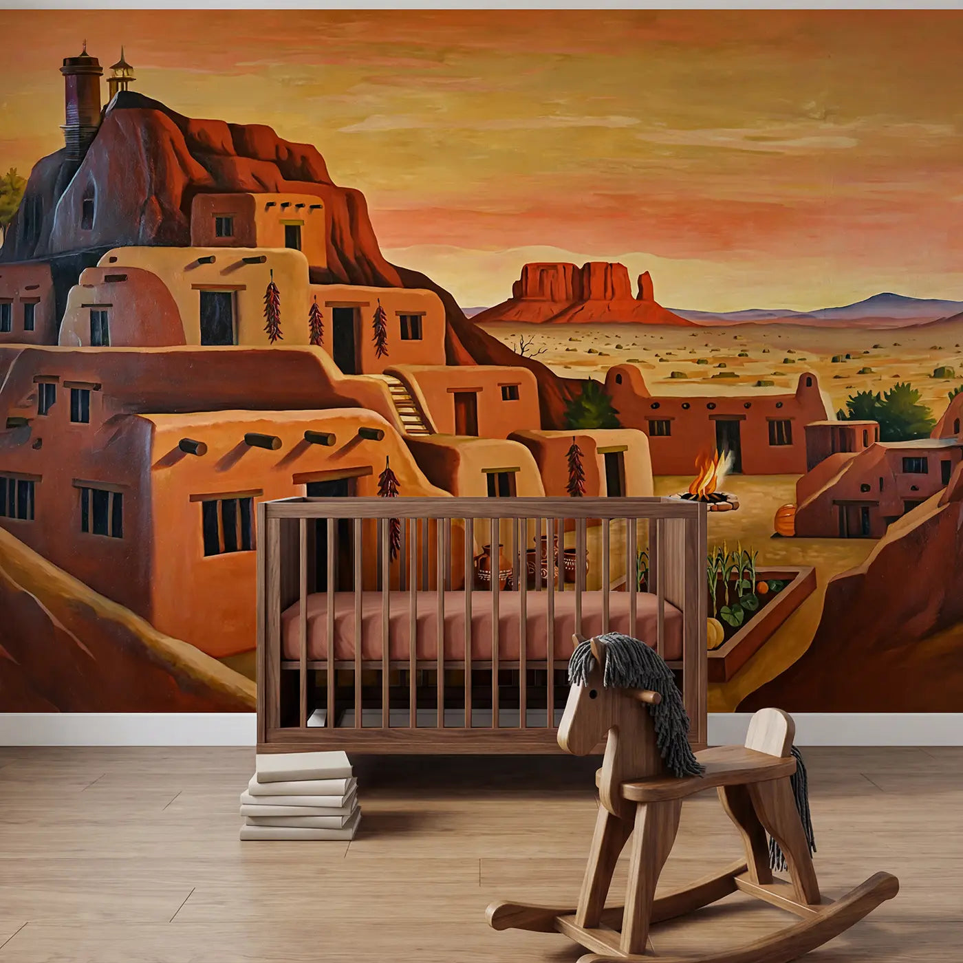 Modern illustration desert western desert wallpaper mural for nursery by Whimsy Tots