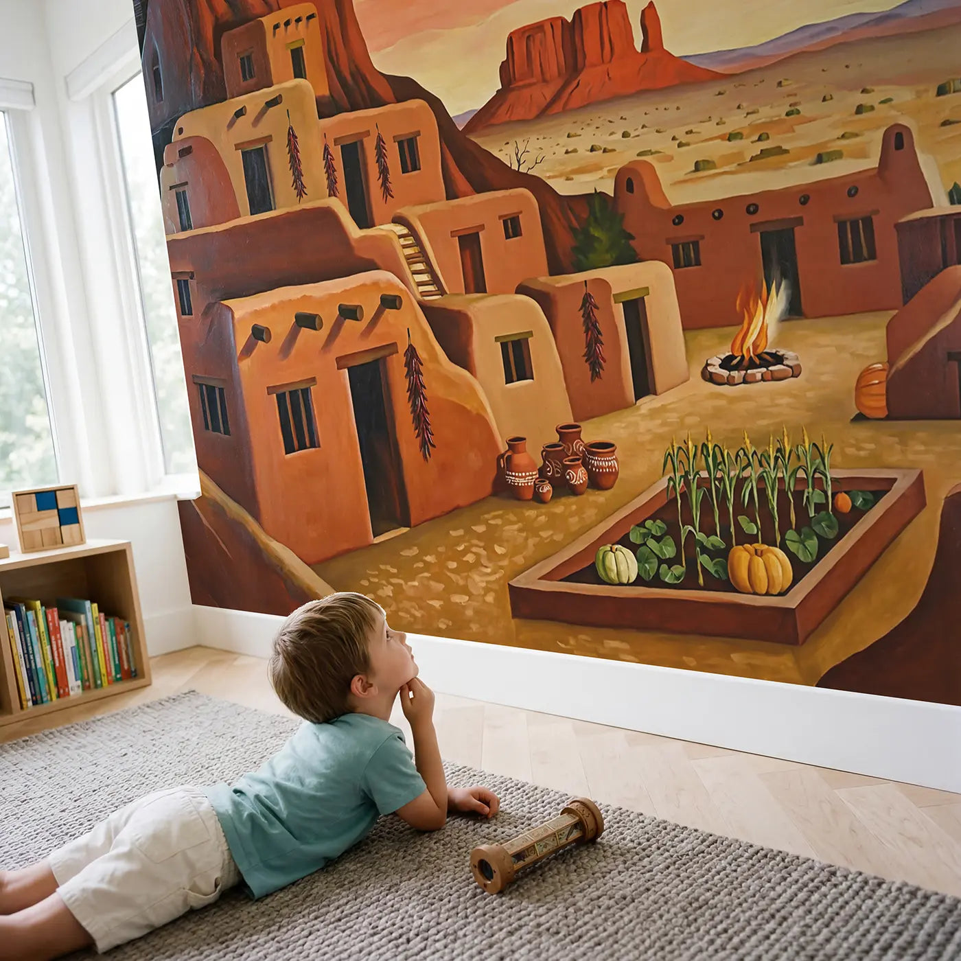 Child in nursery with Desert Pueblo Village Wallpaper Mural by Whimsy Tots
