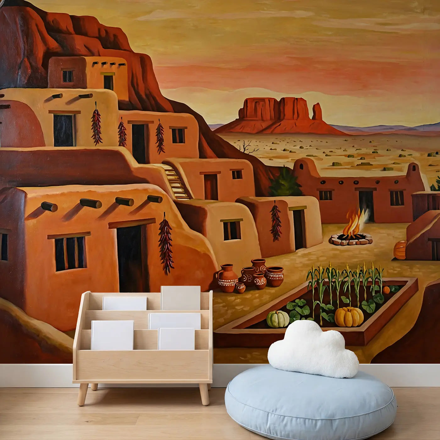 Desert Pueblo Village Wallpaper Mural in playroom setting by Whimsy Tots