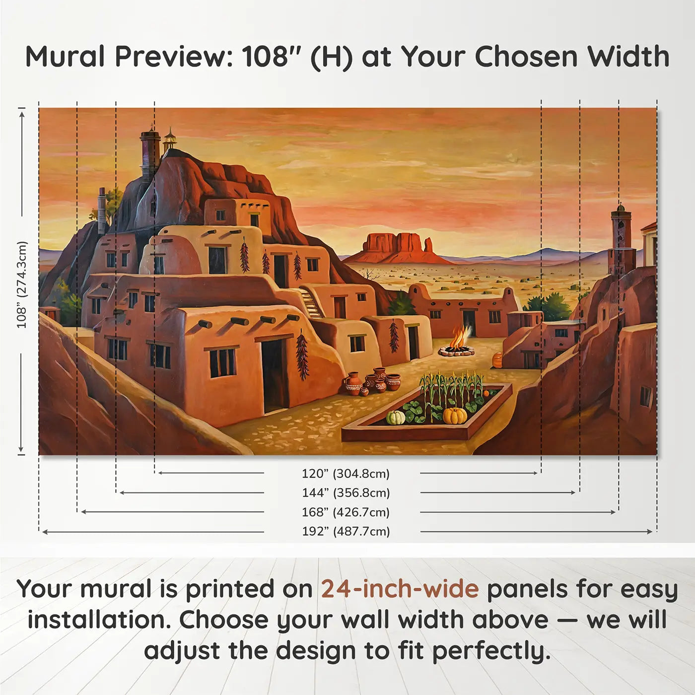 Panel layout and dimensions for Desert Pueblo Village Wallpaper Mural by Whimsy Tots