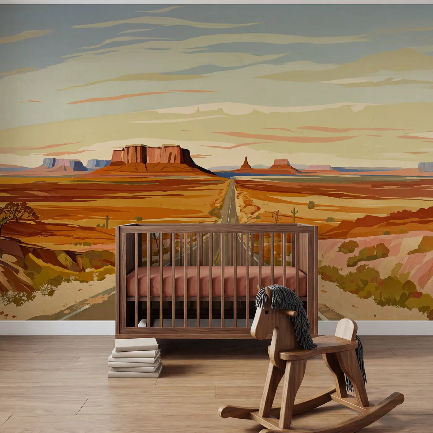 Modern illustration desert highway mesa wallpaper mural for kids room by Whimsy Tots