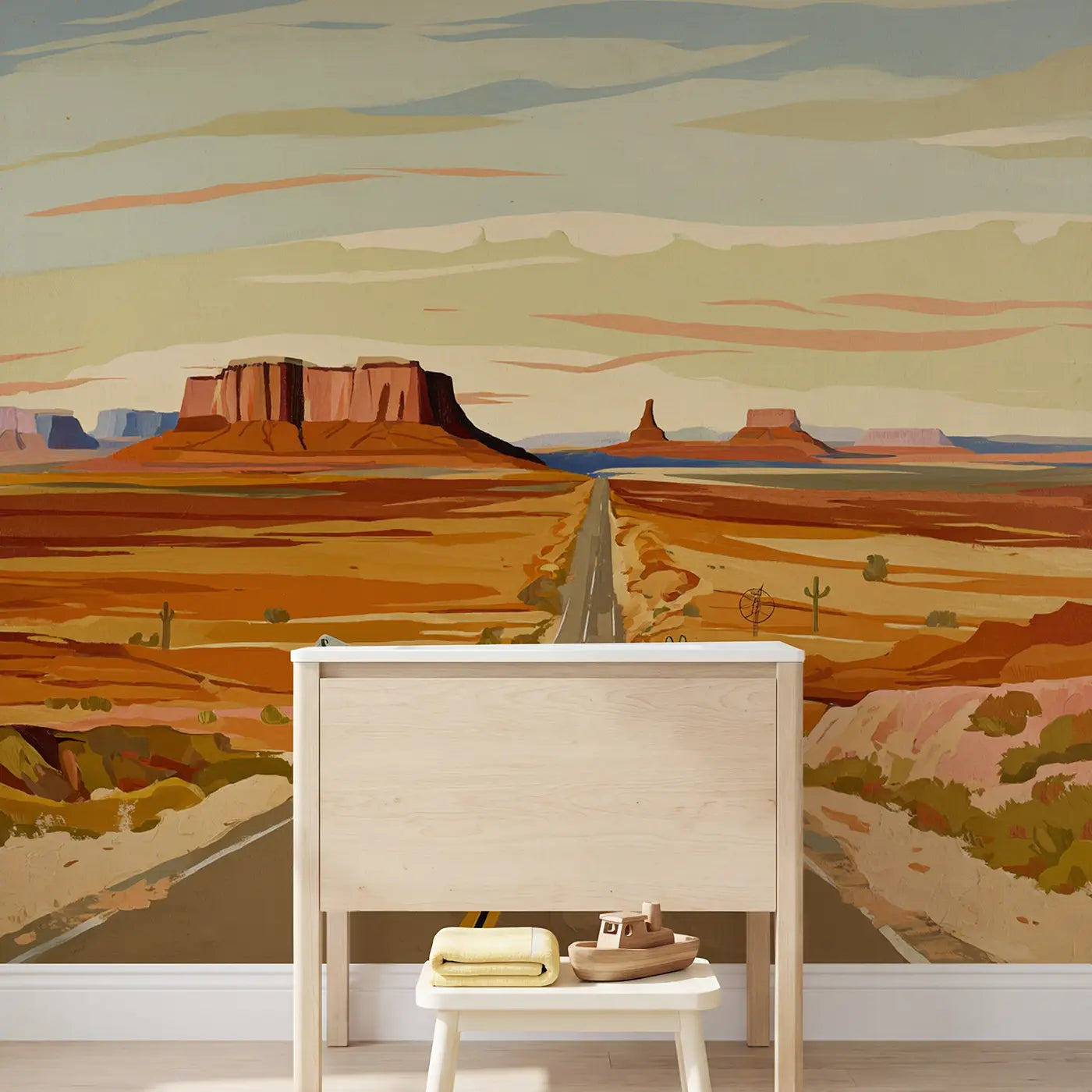 Endless Desert Highway Wallpaper Mural in playroom setting by Whimsy Tots