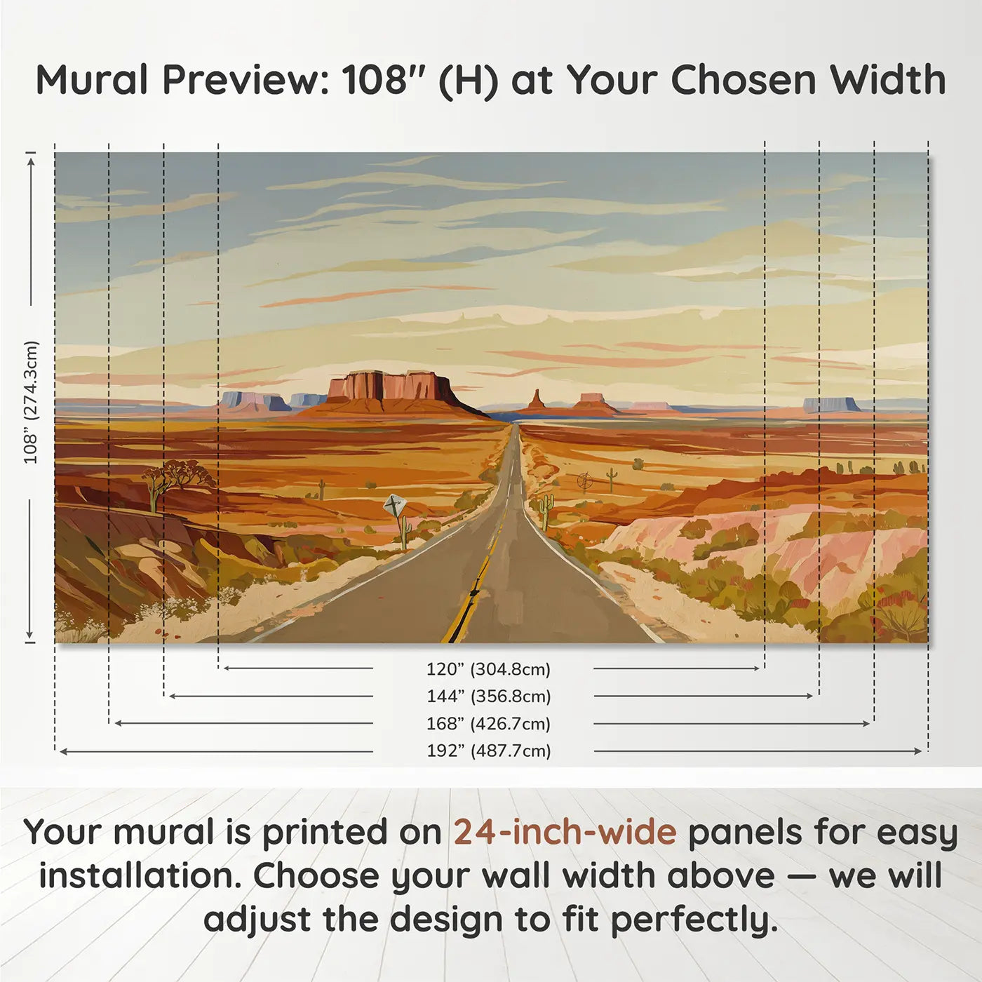 Panel layout and dimensions for Endless Desert Highway Wallpaper Mural by Whimsy Tots
