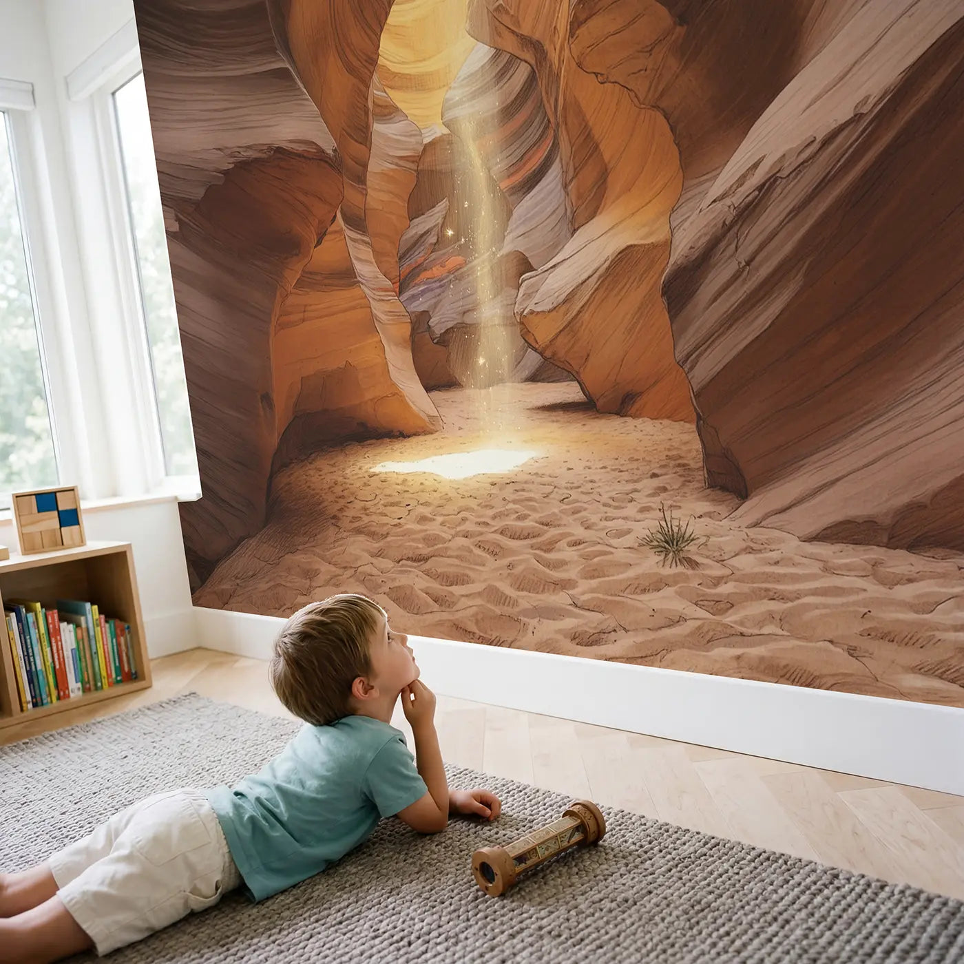 Child in nursery with Sunbeam Slot Canyon Wallpaper Mural by Whimsy Tots
