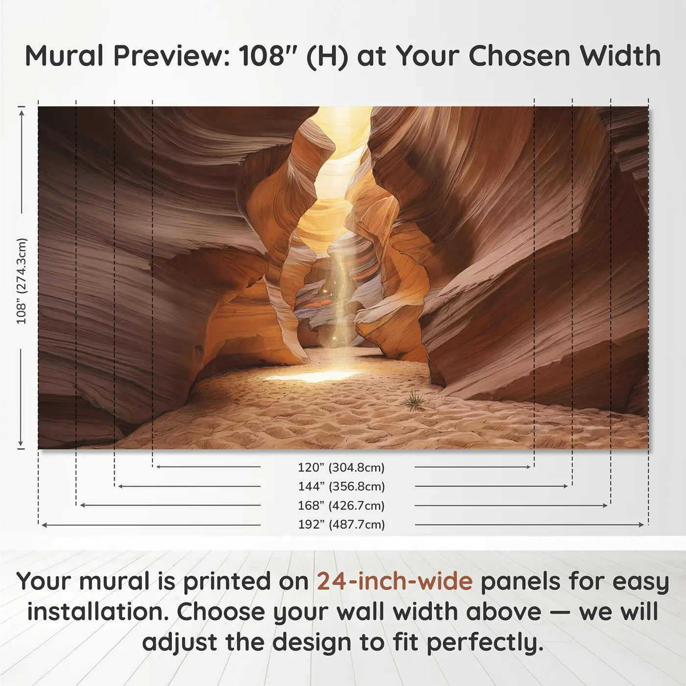 Panel layout and dimensions for Sunbeam Slot Canyon Wallpaper Mural by Whimsy Tots