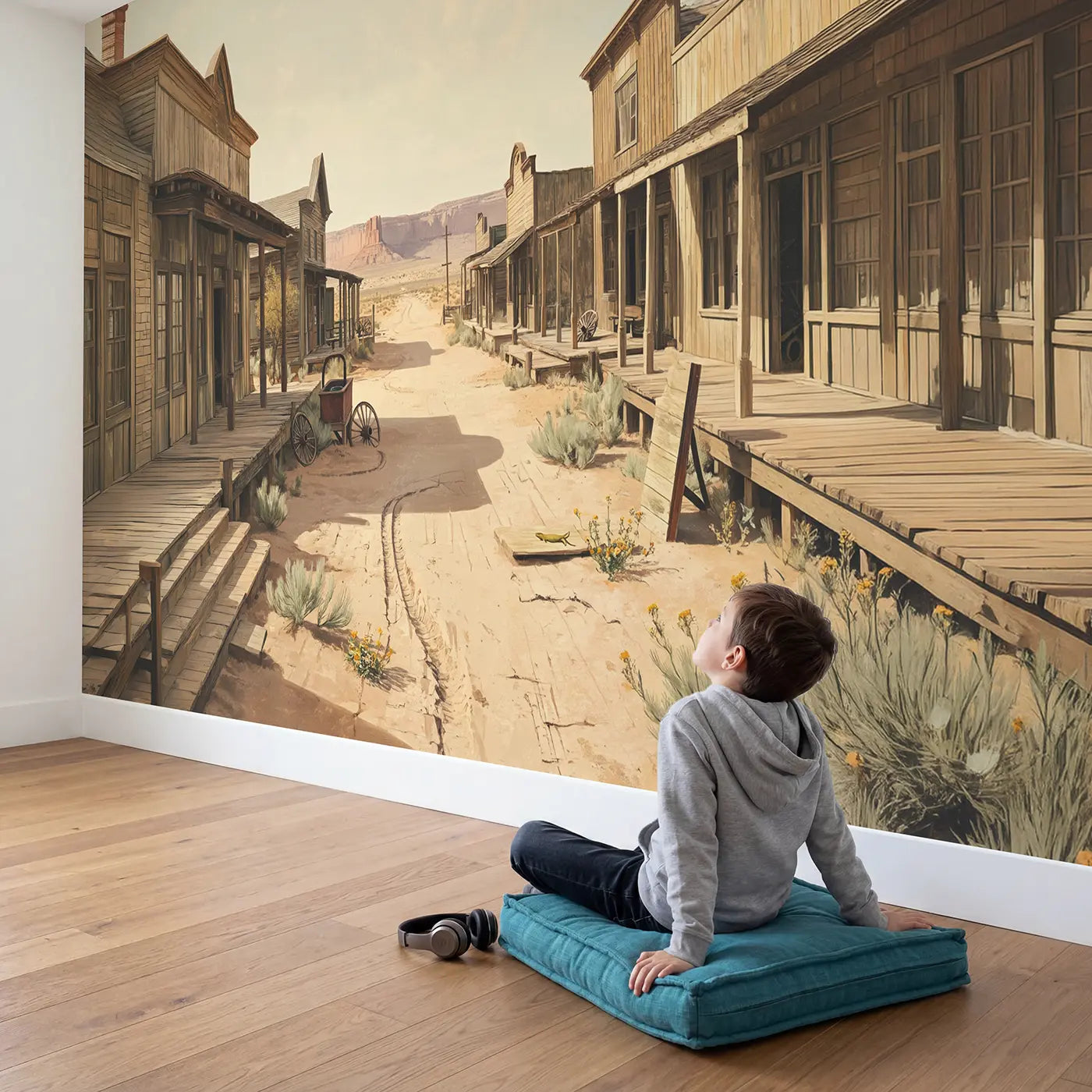 Child in nursery with Desert Ghost Town Wallpaper Mural by Whimsy Tots
