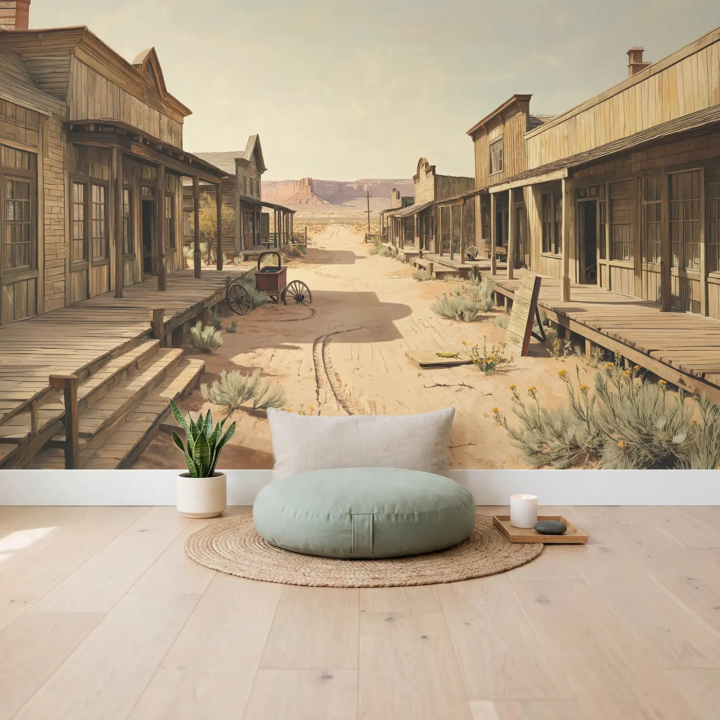 Desert Ghost Town Wallpaper Mural in playroom setting by Whimsy Tots