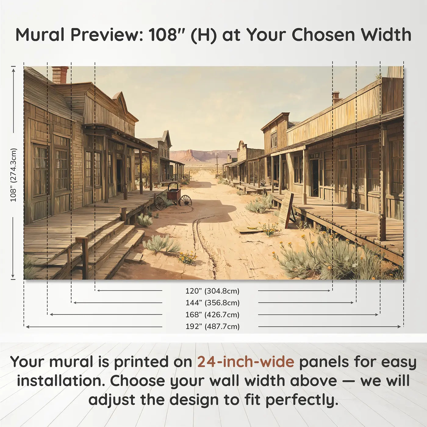 Panel layout and dimensions for Desert Ghost Town Wallpaper Mural by Whimsy Tots