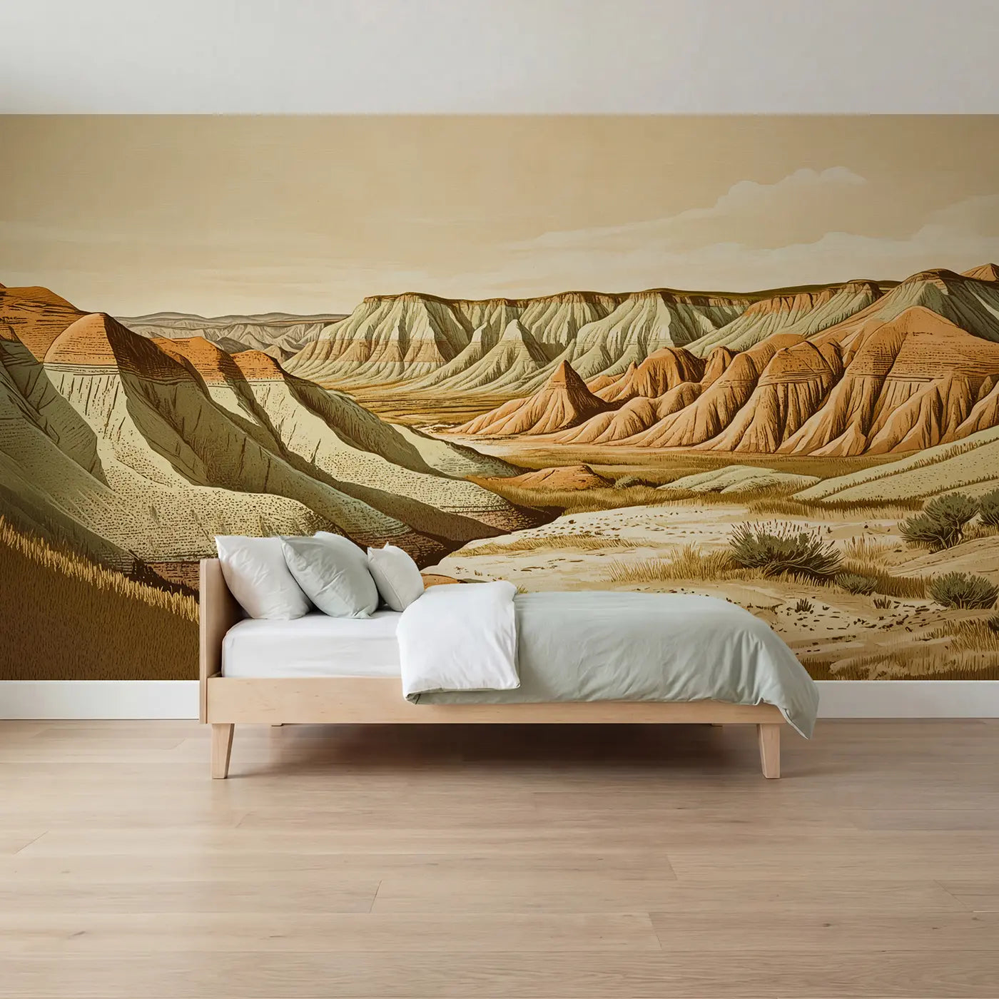 block print badlands erosion landscape desert wallpaper mural for boys room by Whimsy Tots