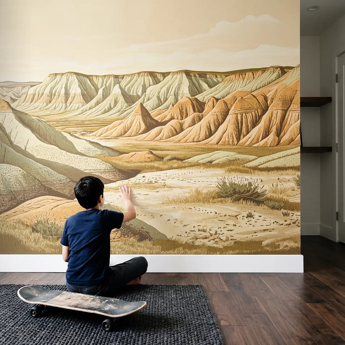 Child in nursery with Badlands Erosion Landscape Wallpaper Mural by Whimsy Tots