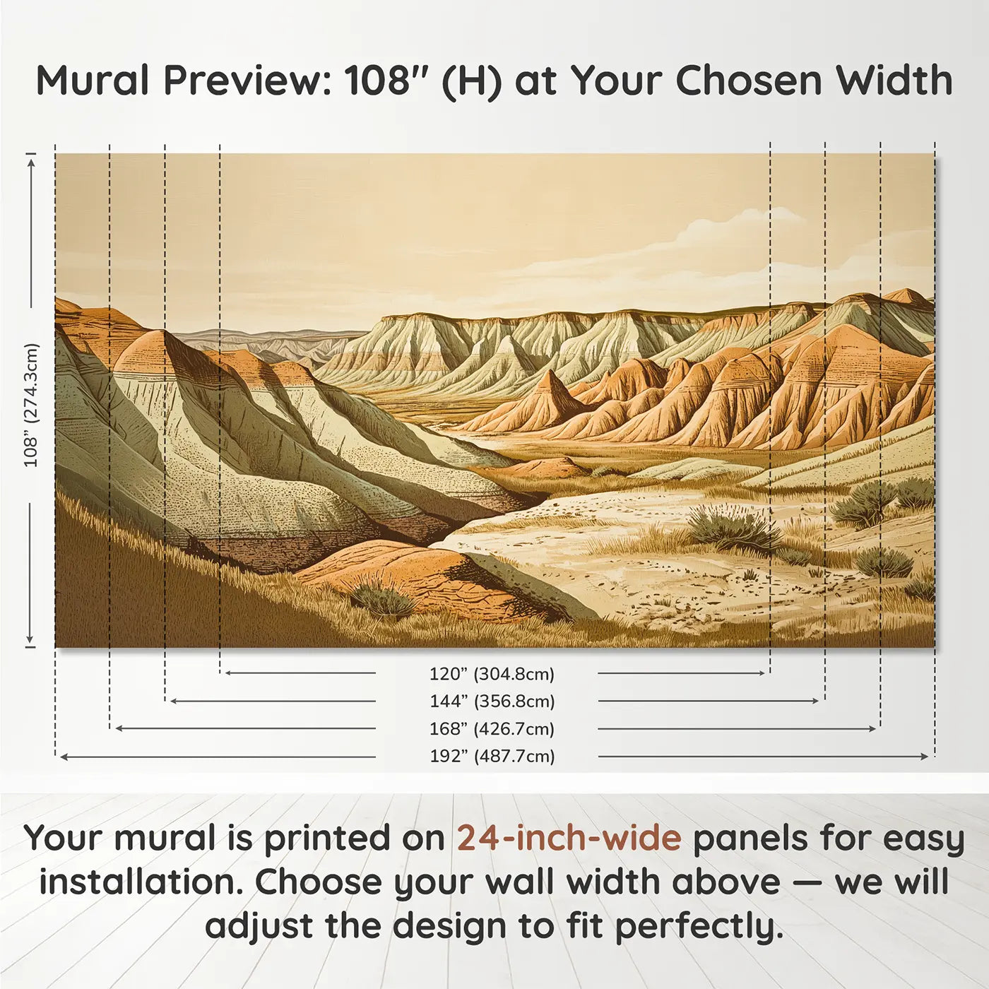 Panel layout and dimensions for Badlands Erosion Landscape Wallpaper Mural by Whimsy Tots