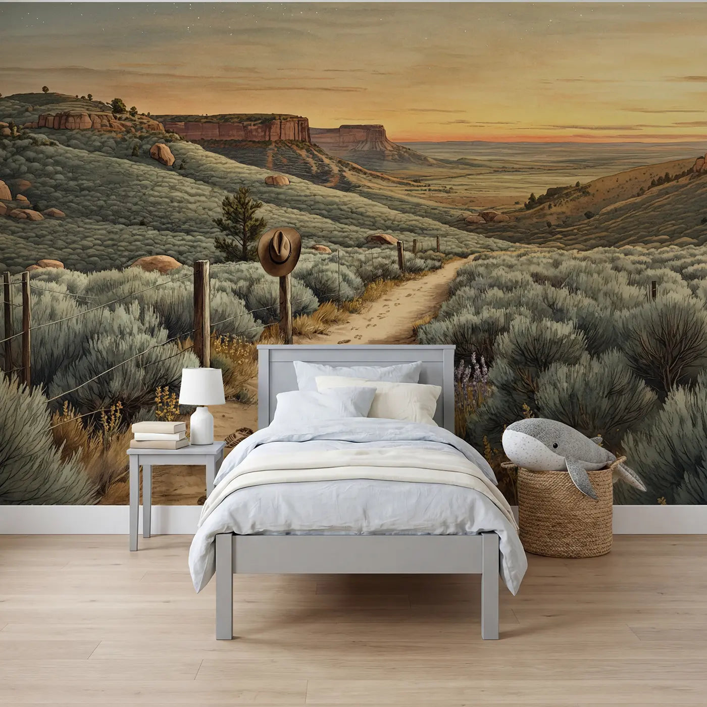 storybook cowboy trail sagebrush hills wallpaper mural for boys room by Whimsy Tots