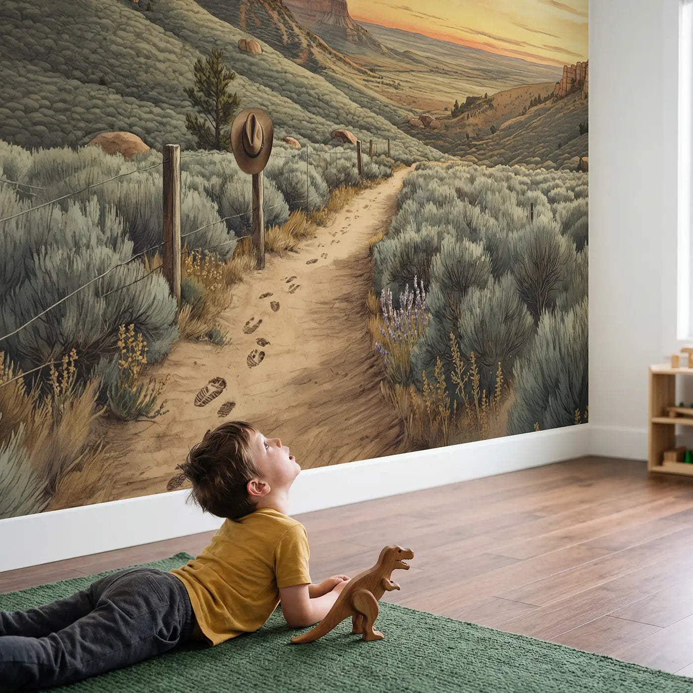 Child in nursery with Cowboy Trail Sagebrush Hills Wallpaper Mural by Whimsy Tots