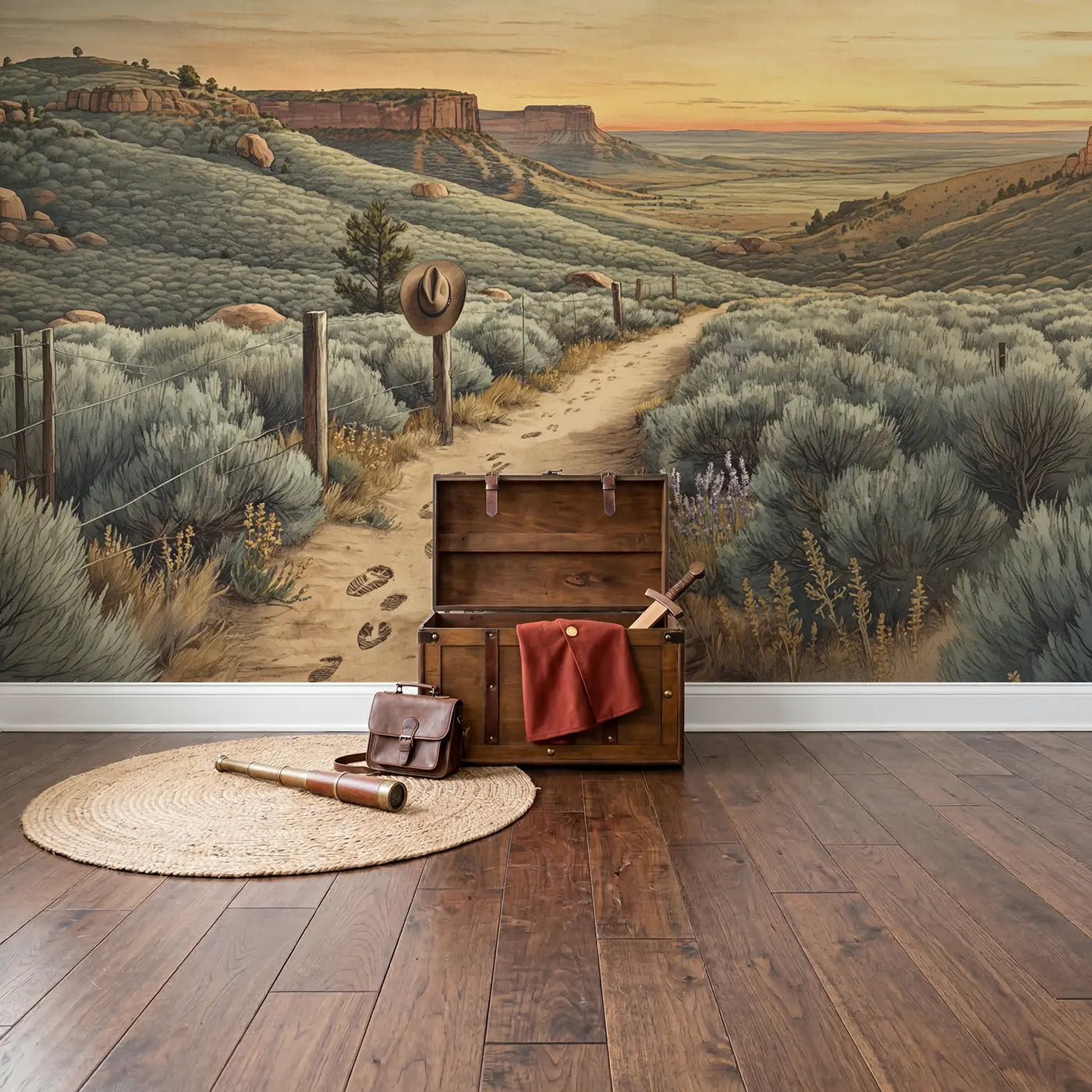 Cowboy Trail Sagebrush Hills Wallpaper Mural in playroom setting by Whimsy Tots
