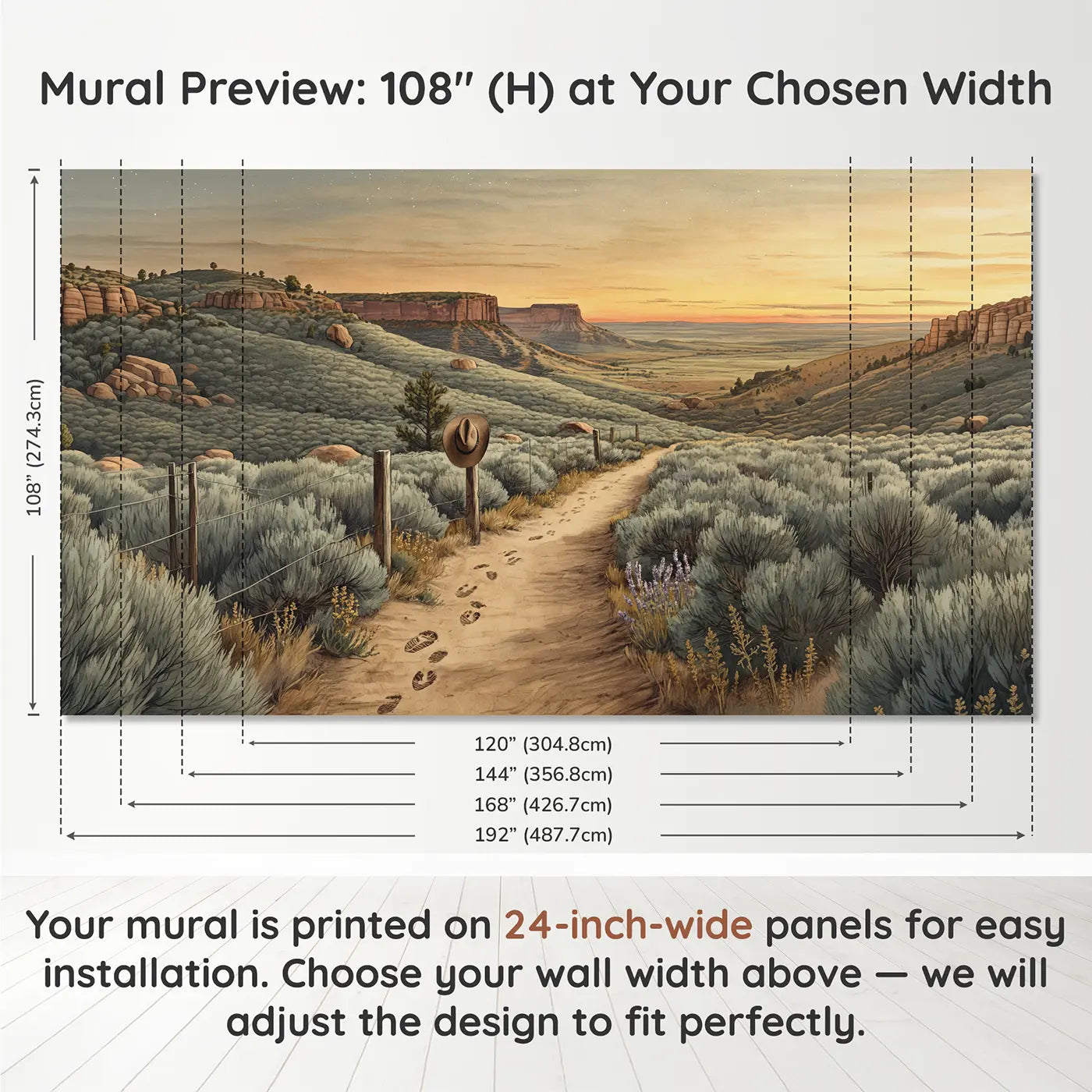 Panel layout and dimensions for Cowboy Trail Sagebrush Hills Wallpaper Mural by Whimsy Tots
