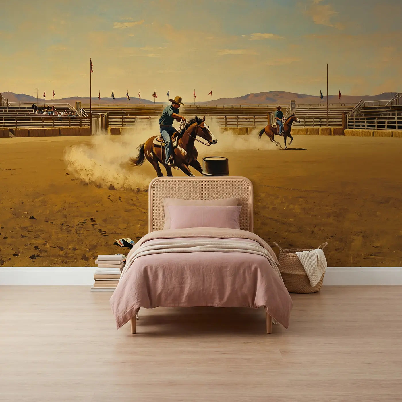 painted barrel racing rodeo arena wallpaper mural for girls room by Whimsy Tots