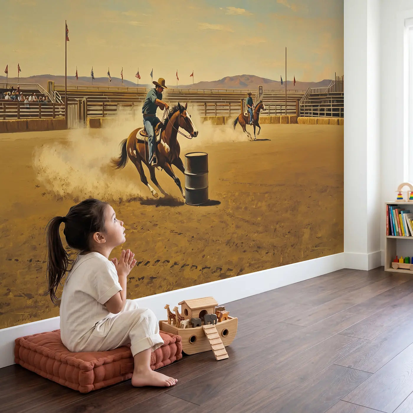 Child in nursery with Barrel Racing Rodeo Arena Wallpaper Mural by Whimsy Tots