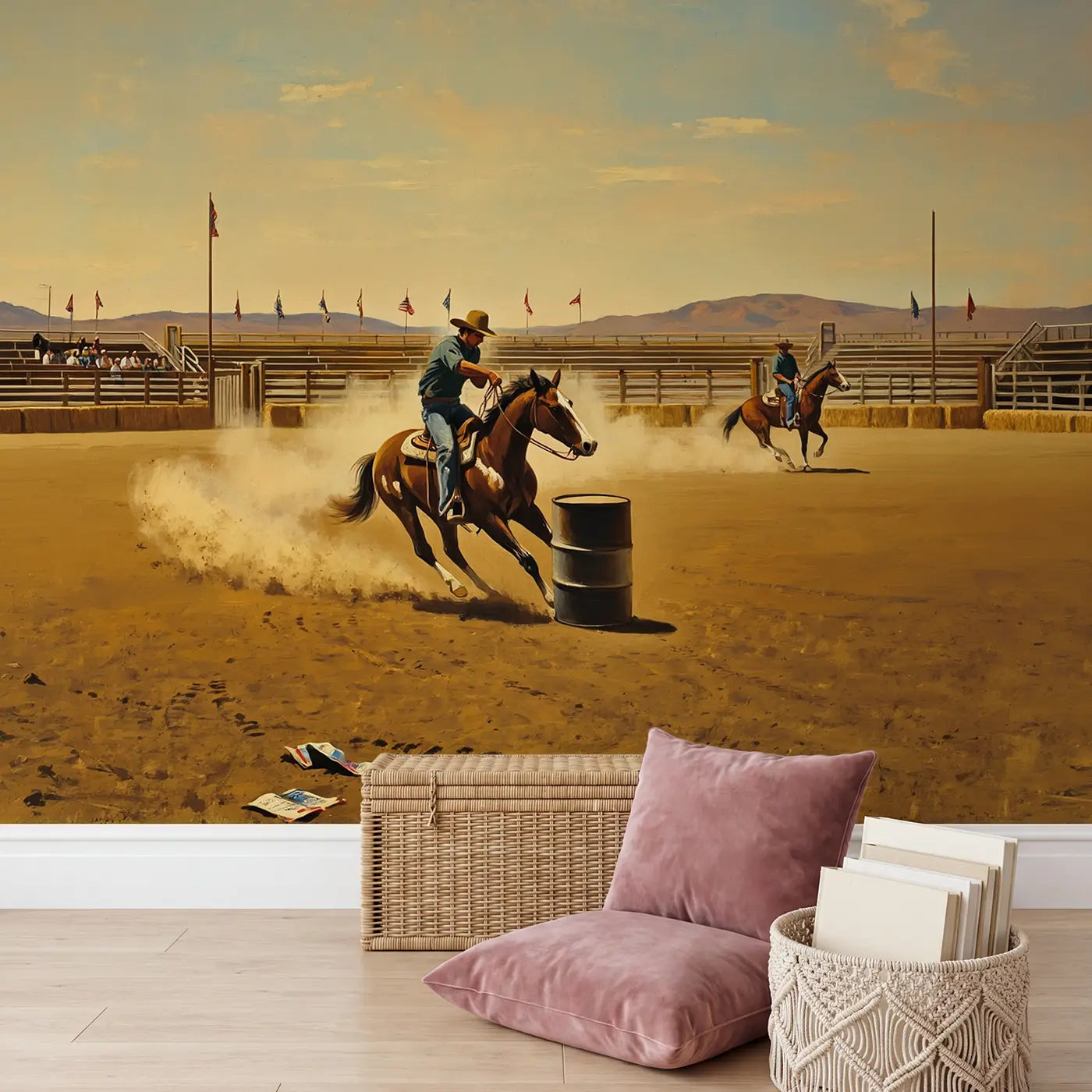 Barrel Racing Rodeo Arena Wallpaper Mural in playroom setting by Whimsy Tots