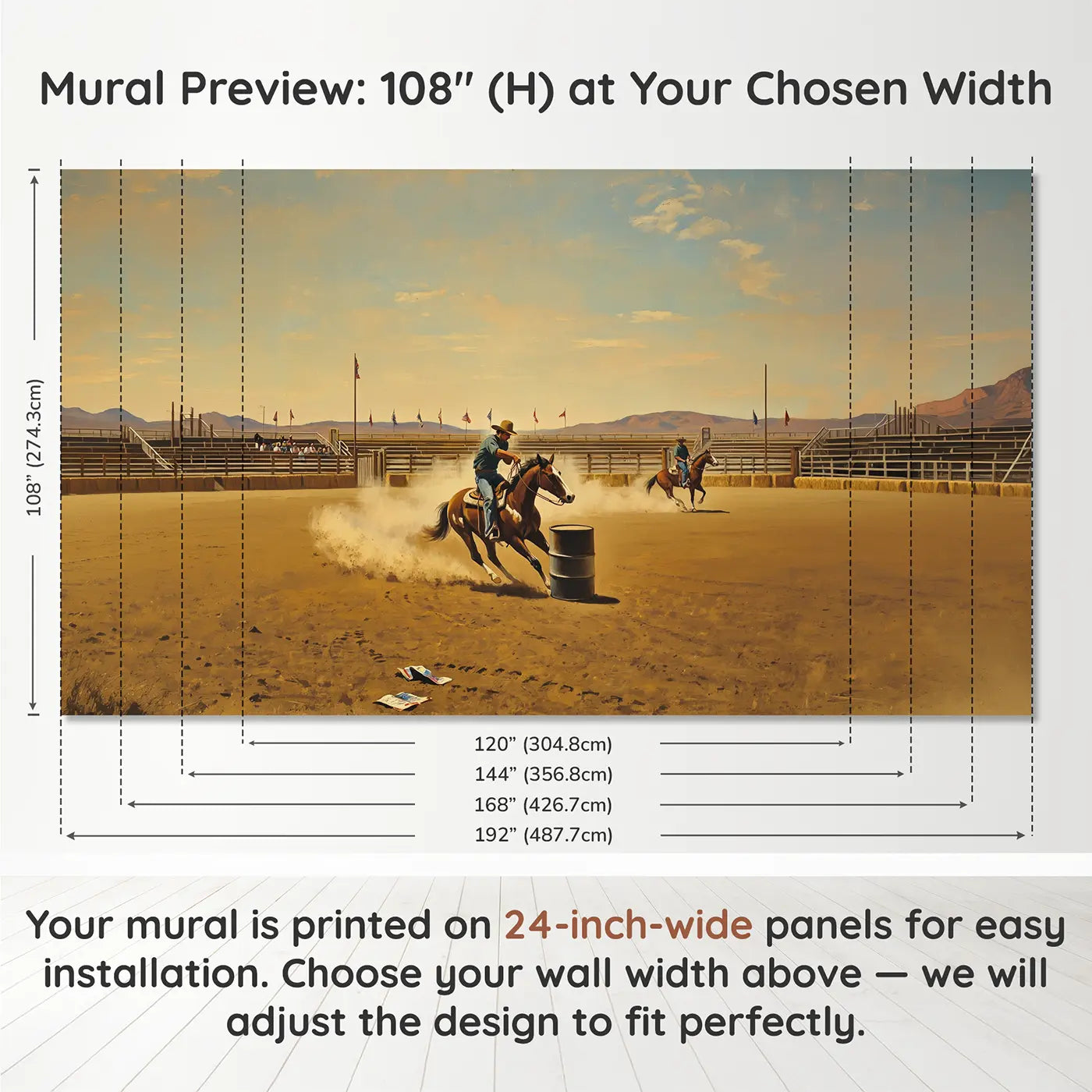 Panel layout and dimensions for Barrel Racing Rodeo Arena Wallpaper Mural by Whimsy Tots