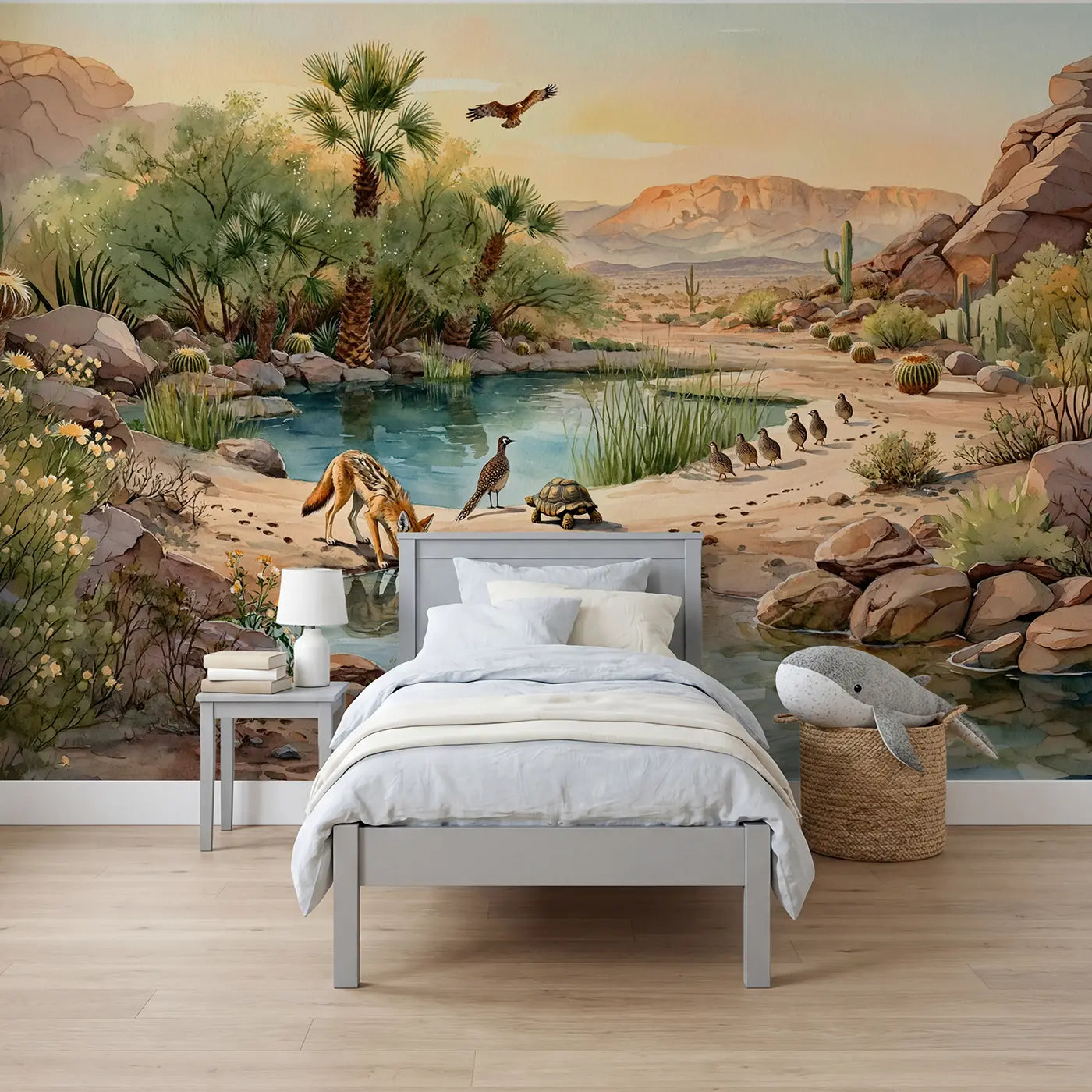 Watercolor desert oasis horse roadrunner wallpaper mural for boys room by Whimsy Tots