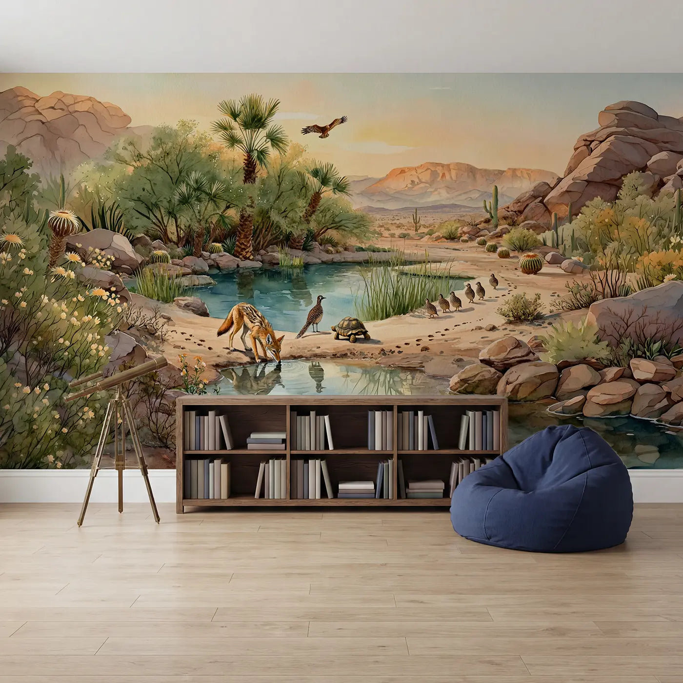 Desert Oasis Wildlife Wallpaper Mural in playroom setting by Whimsy Tots