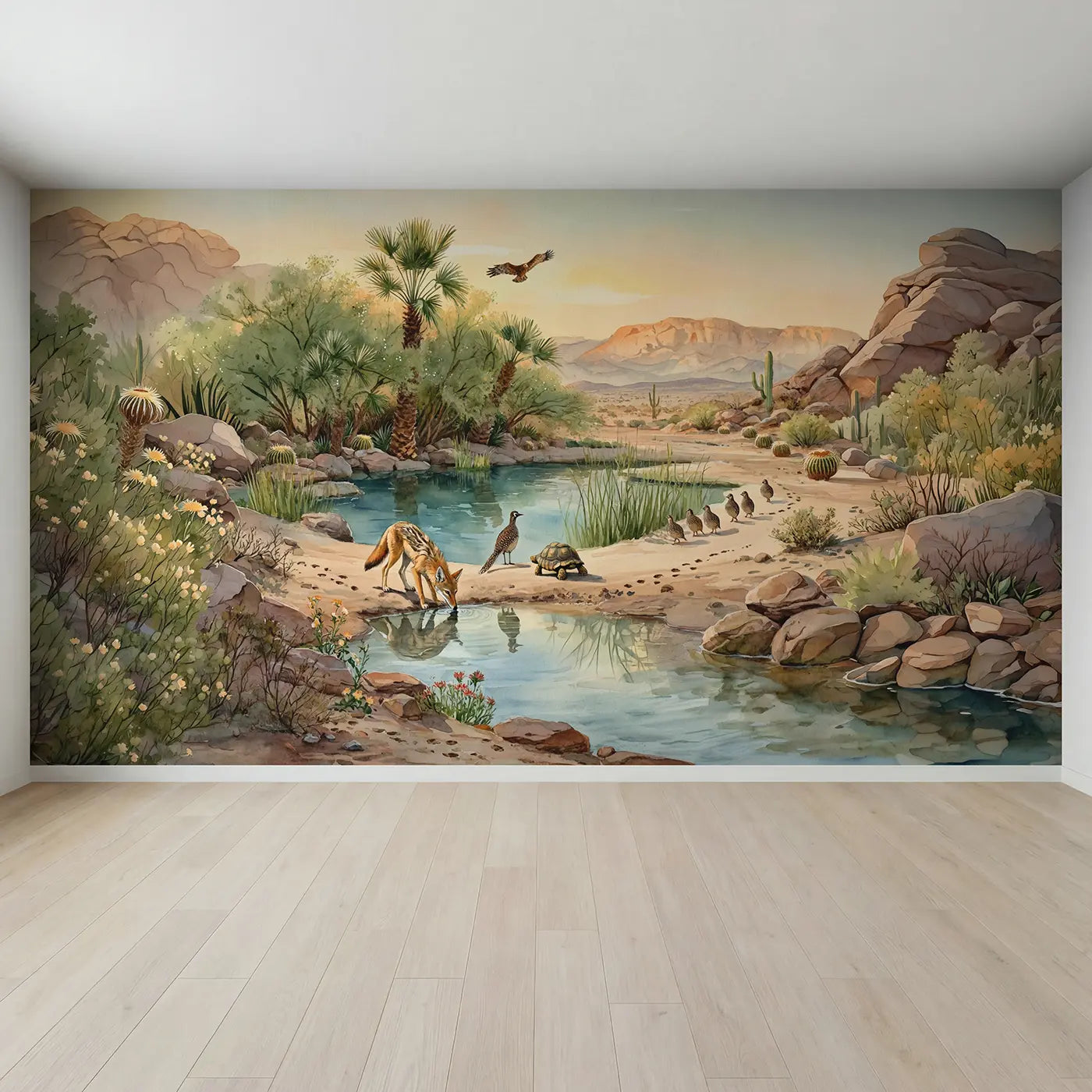 Full view of Desert Oasis Wildlife Wallpaper Mural by Whimsy Tots