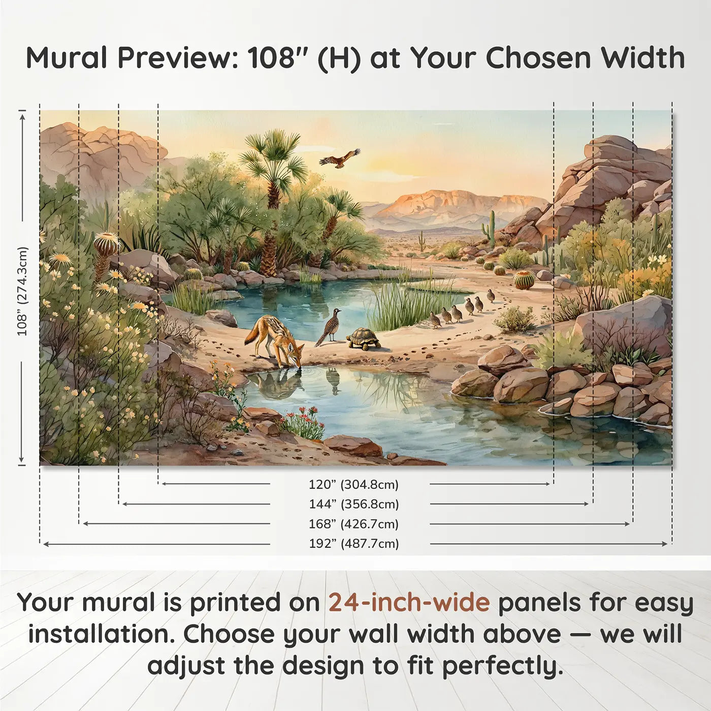 Panel layout and dimensions for Desert Oasis Wildlife Wallpaper Mural by Whimsy Tots