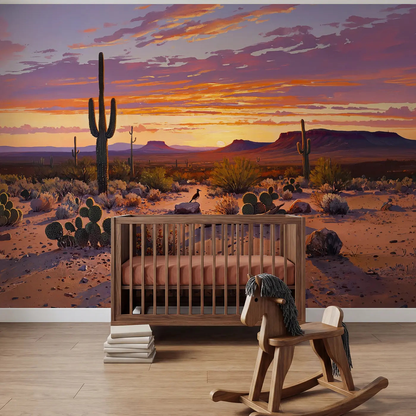 Painted landscape desert sunset saguaro cactus wallpaper mural for nursery by Whimsy Tots
