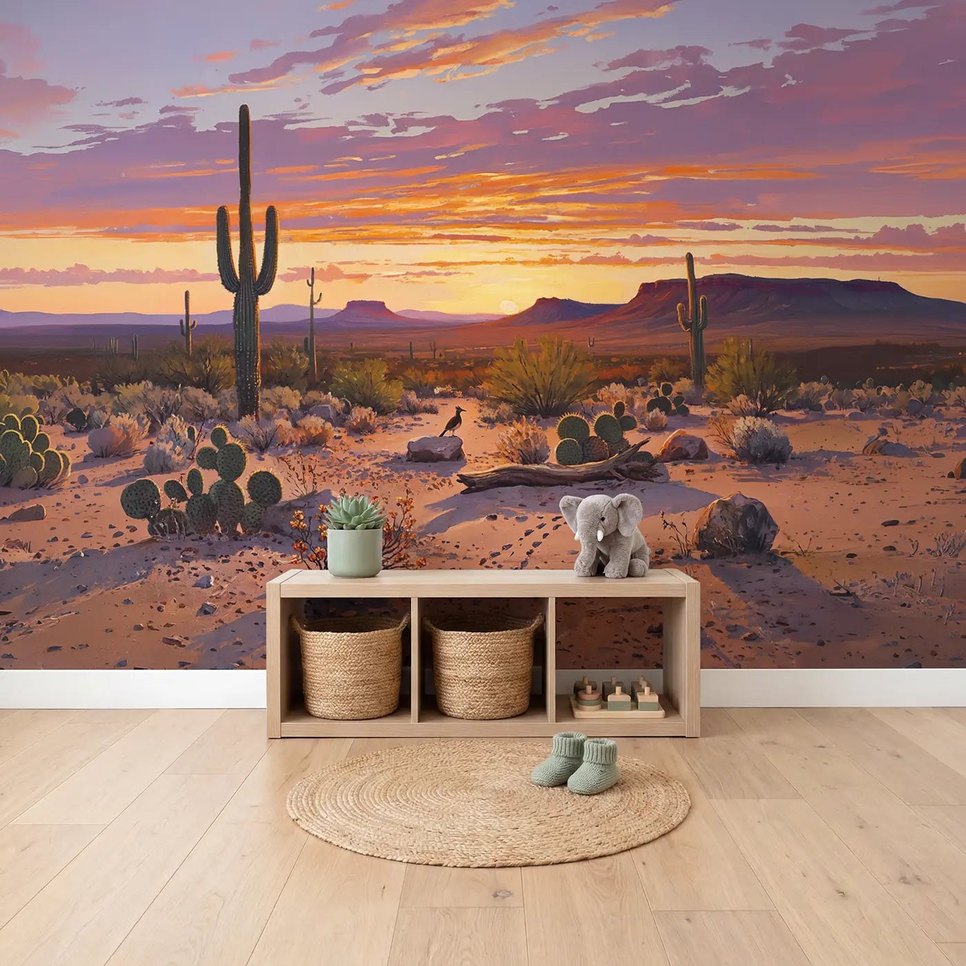 Desert Sunset Fire and Purple Wallpaper Mural in playroom setting by Whimsy Tots
