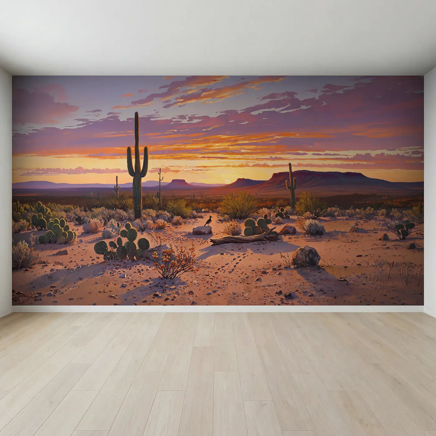 Full view of Desert Sunset Fire and Purple Wallpaper Mural by Whimsy Tots