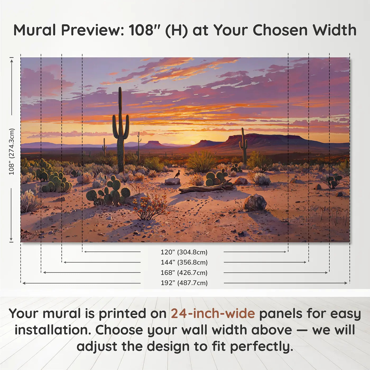 Panel layout and dimensions for Desert Sunset Fire and Purple Wallpaper Mural by Whimsy Tots