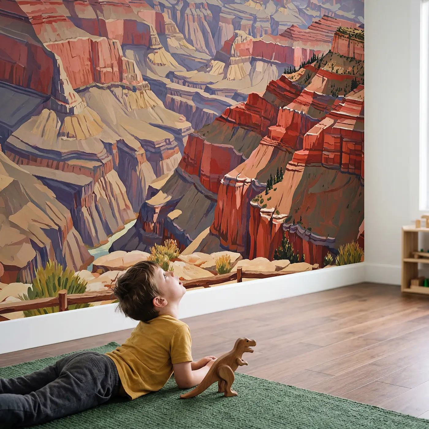 Child in nursery with Grand Canyon Layers Panorama Wallpaper Mural by Whimsy Tots