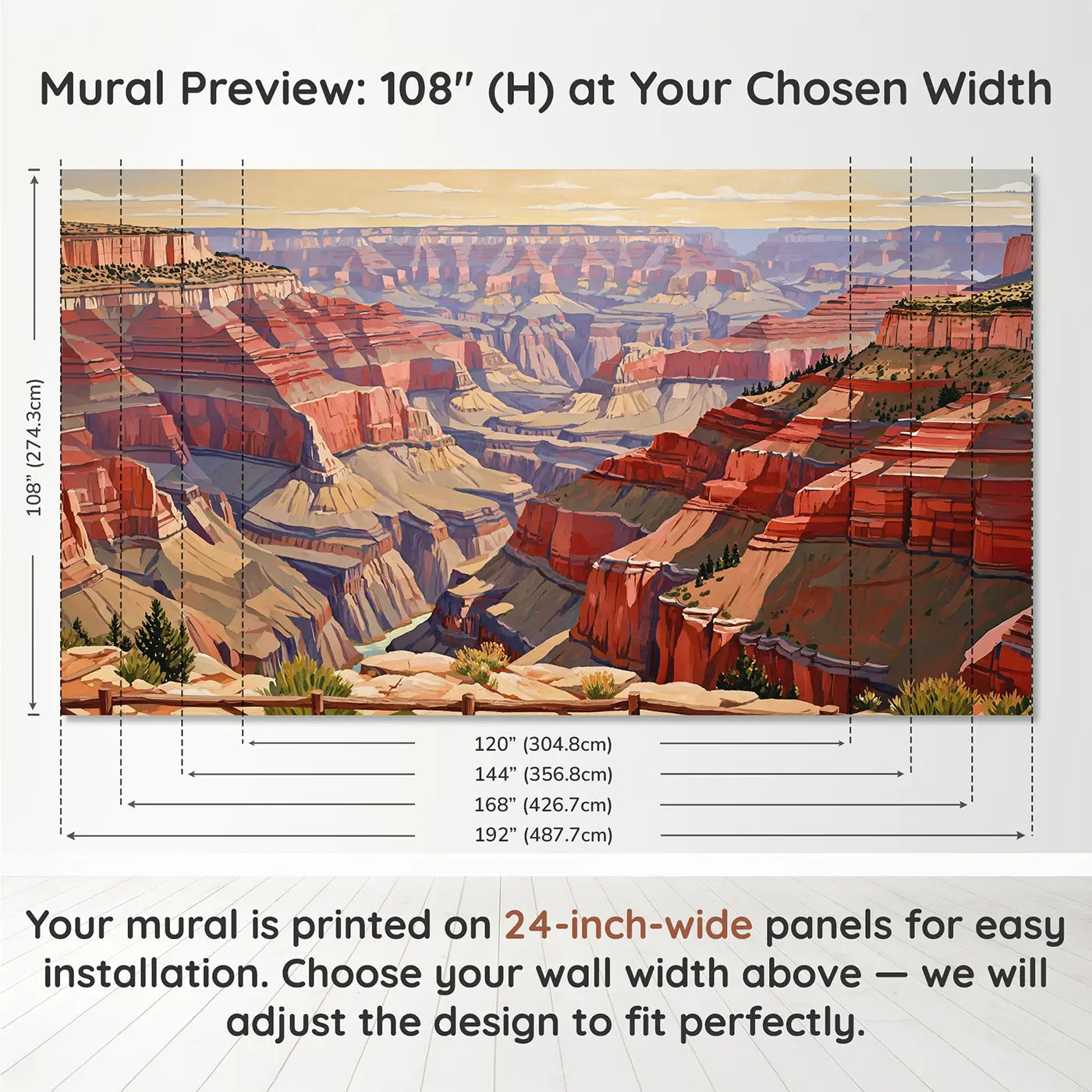 Panel layout and dimensions for Grand Canyon Layers Panorama Wallpaper Mural by Whimsy Tots
