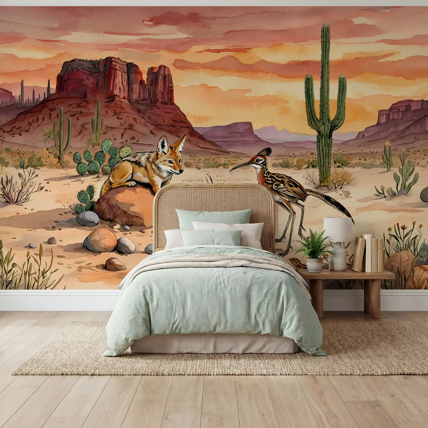Watercolor desert coyote roadrunner wallpaper mural for kids room by Whimsy Tots