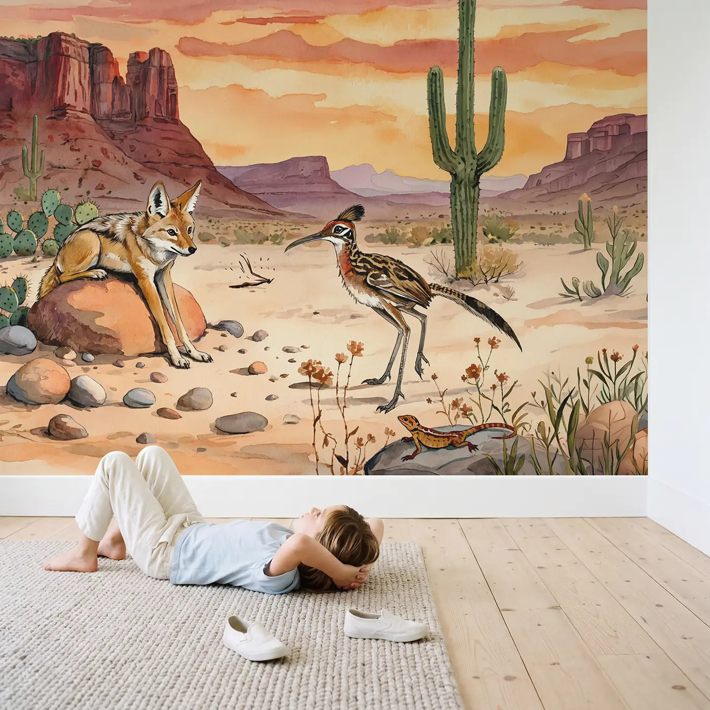 Child in nursery with Desert Coyote and Roadrunner Wallpaper Mural by Whimsy Tots