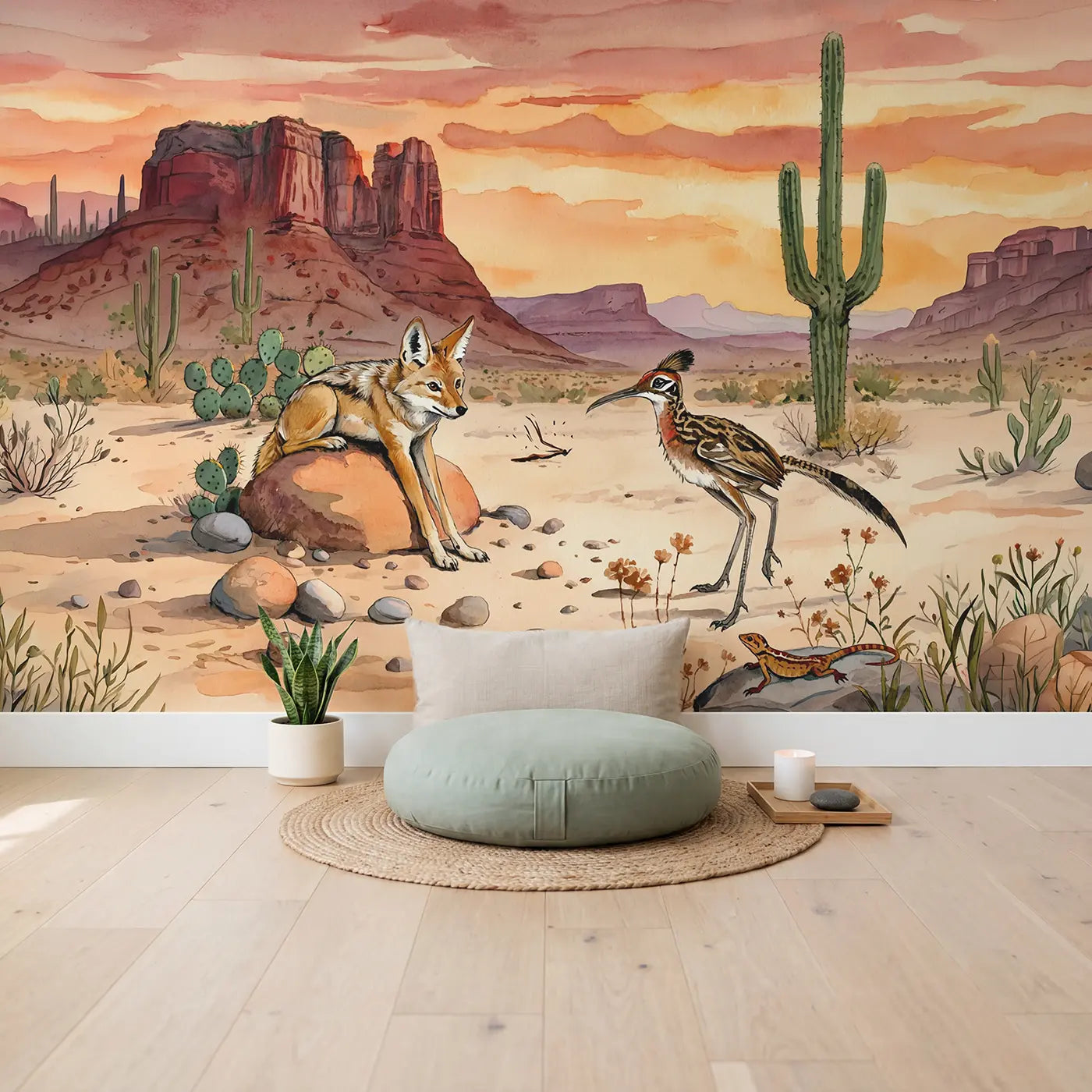 Desert Coyote and Roadrunner Wallpaper Mural in playroom setting by Whimsy Tots