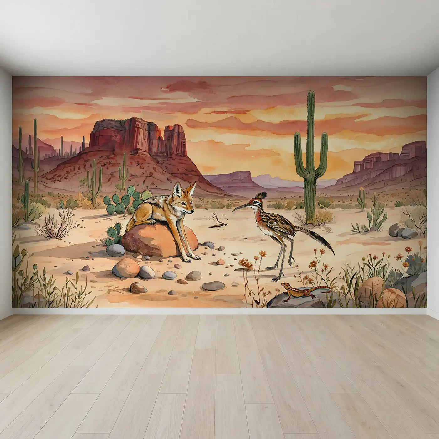 Full view of Desert Coyote and Roadrunner Wallpaper Mural by Whimsy Tots