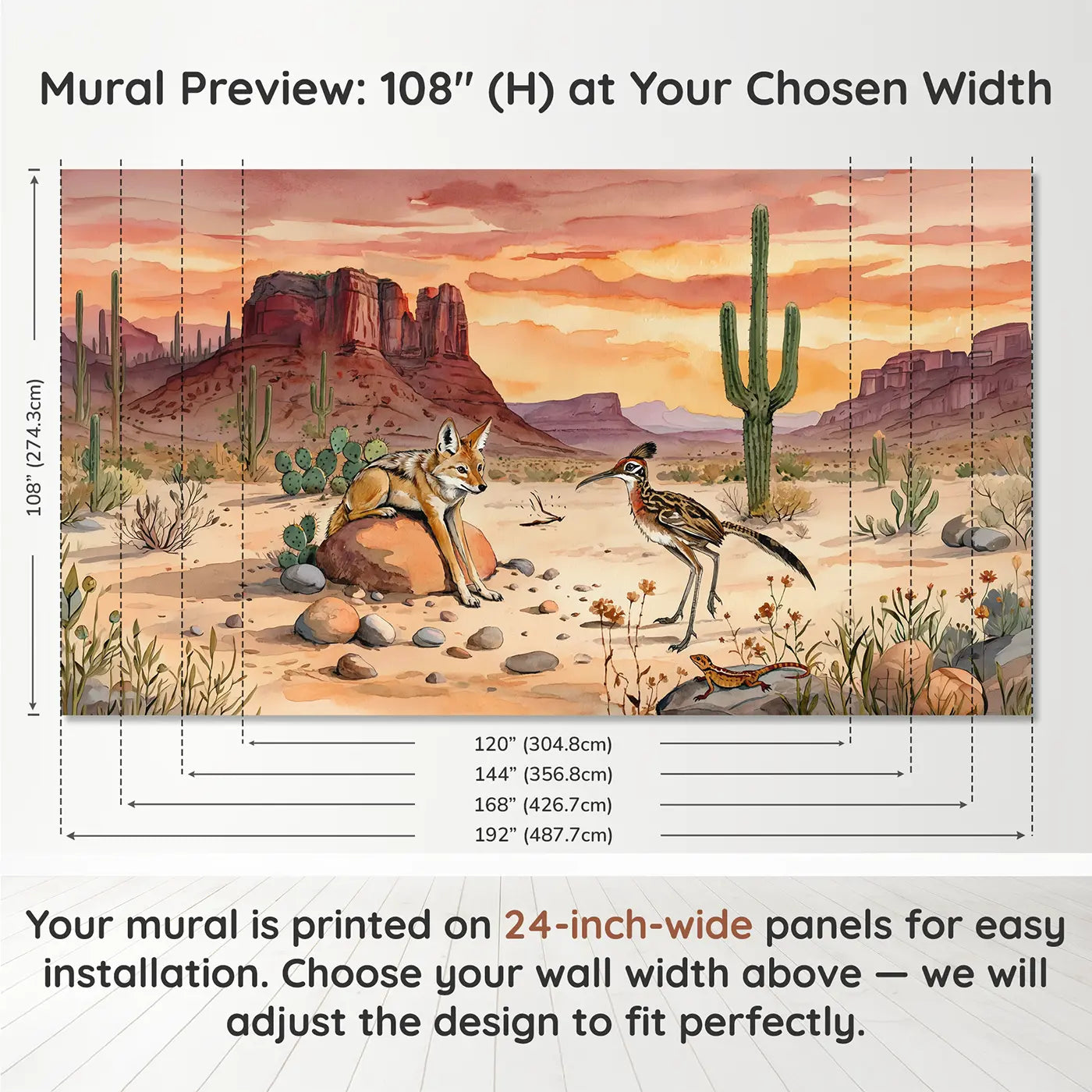 Panel layout and dimensions for Desert Coyote and Roadrunner Wallpaper Mural by Whimsy Tots