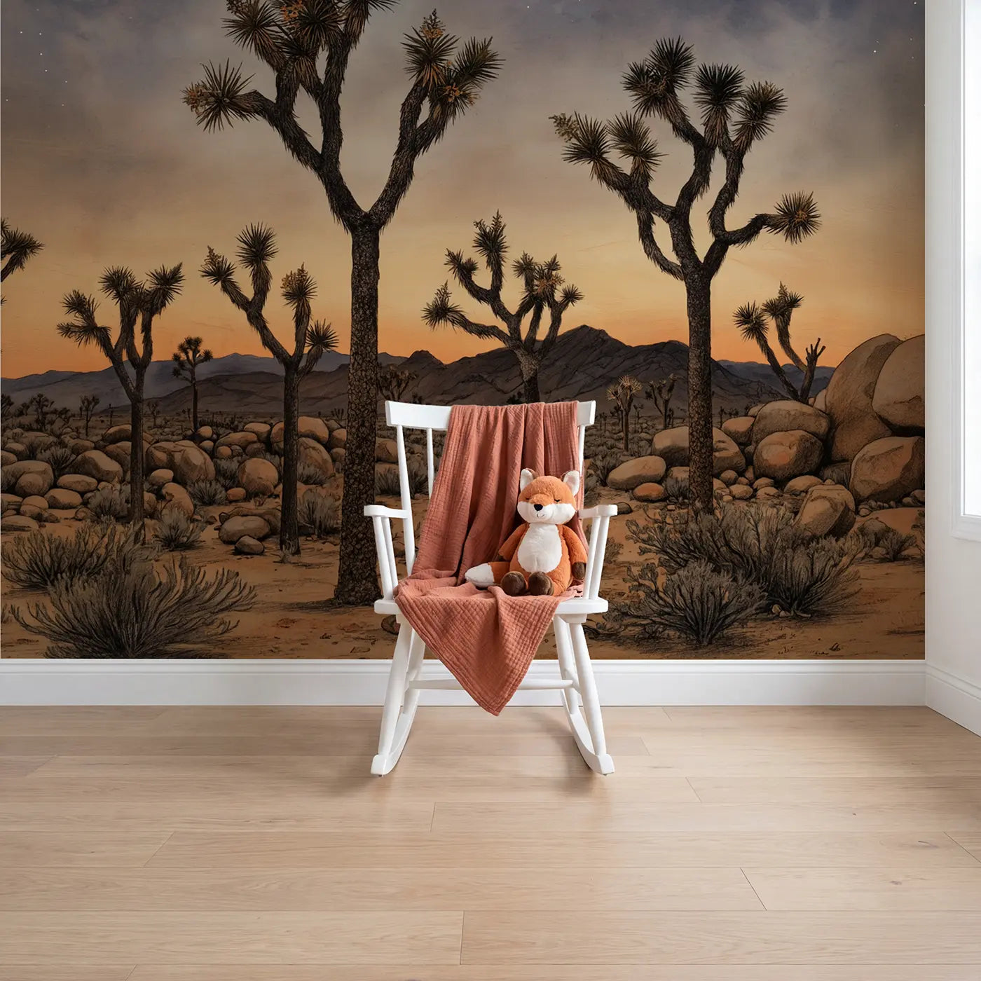Storybook Joshua tree twilight desert wallpaper mural for girls room by Whimsy Tots