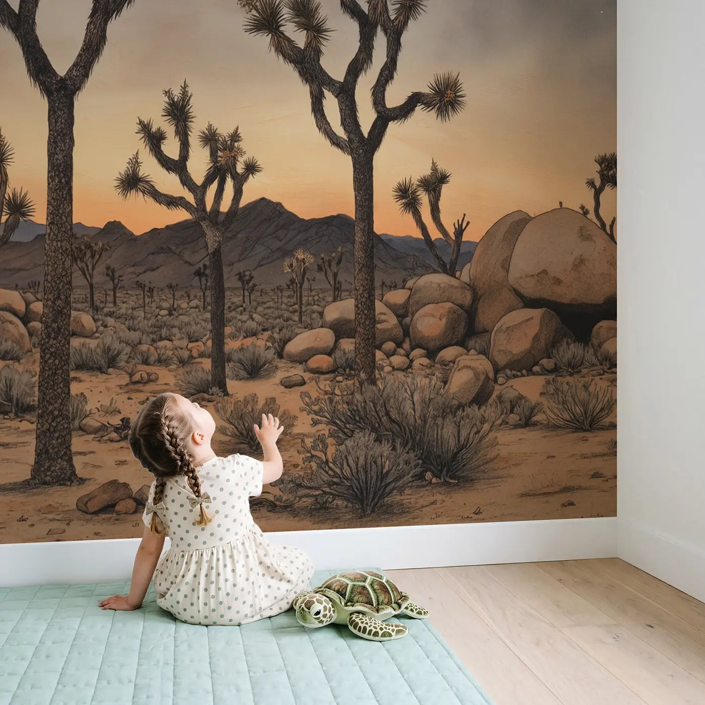 Child in nursery with Joshua Tree Twilight Wallpaper Mural by Whimsy Tots