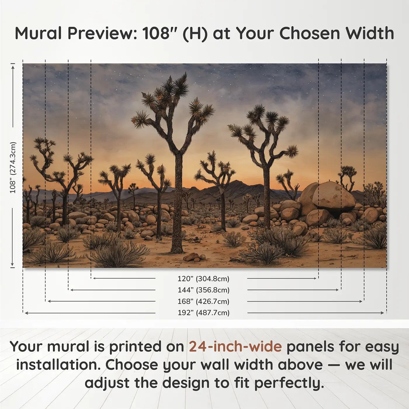 Panel layout and dimensions for Joshua Tree Twilight Wallpaper Mural by Whimsy Tots