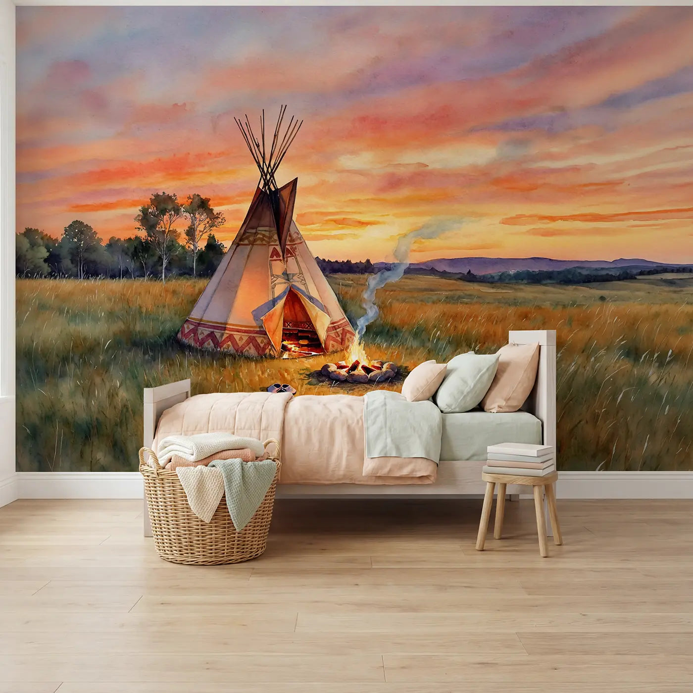 Watercolor sunset teepee camp desert wallpaper mural for girls room by Whimsy Tots