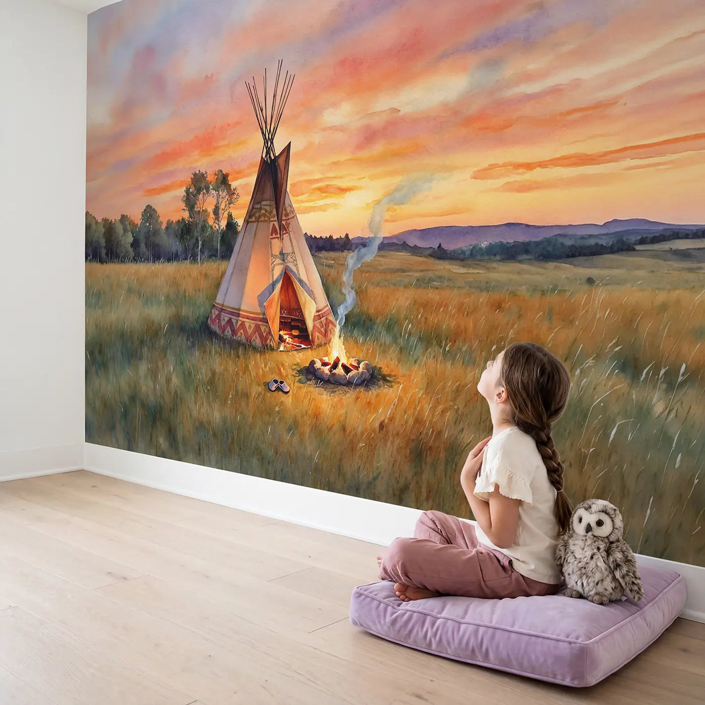 Child in nursery with Sunset Teepee Camp Wallpaper Mural by Whimsy Tots