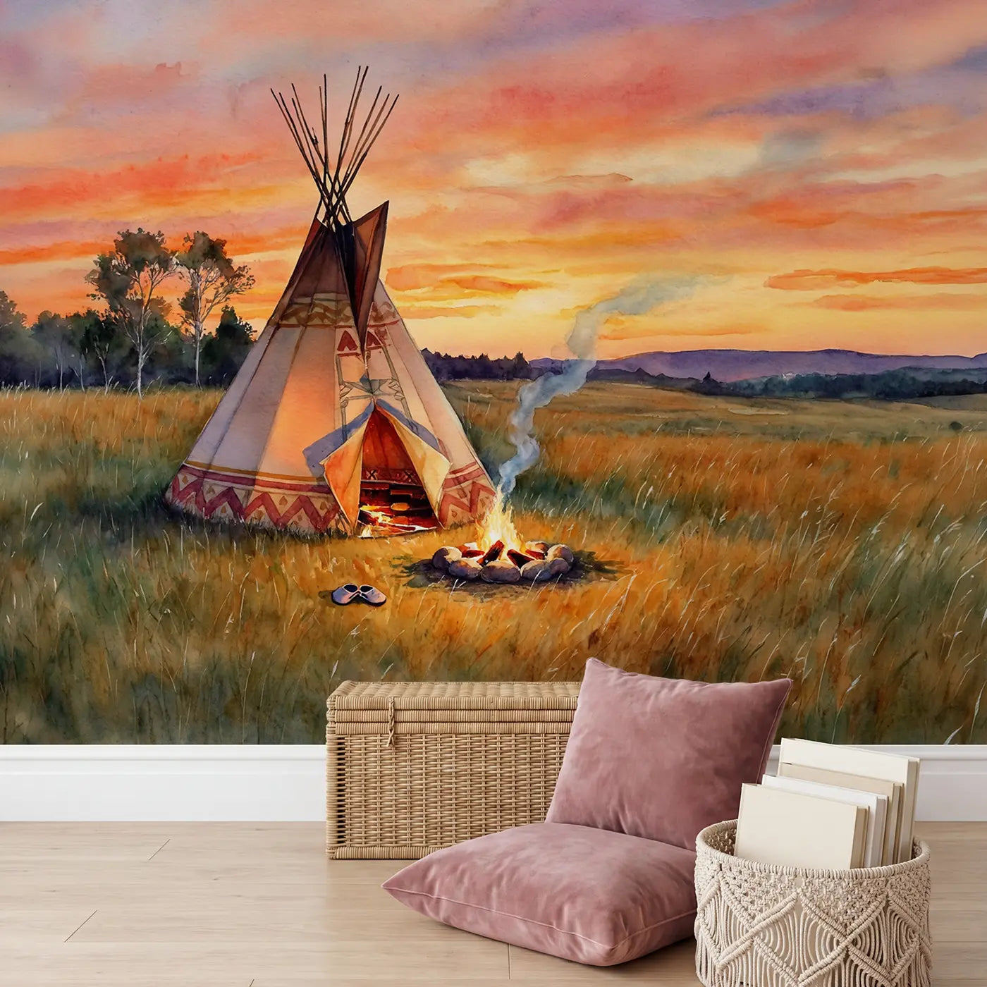 Sunset Teepee Camp Wallpaper Mural in playroom setting by Whimsy Tots