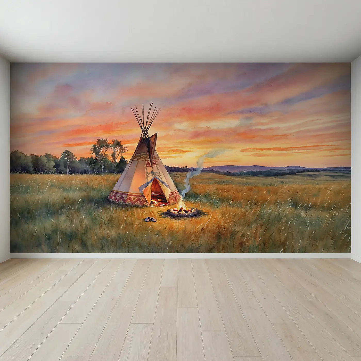 Full view of Sunset Teepee Camp Wallpaper Mural by Whimsy Tots