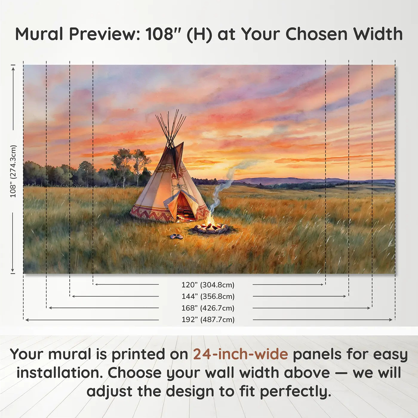 Panel layout and dimensions for Sunset Teepee Camp Wallpaper Mural by Whimsy Tots