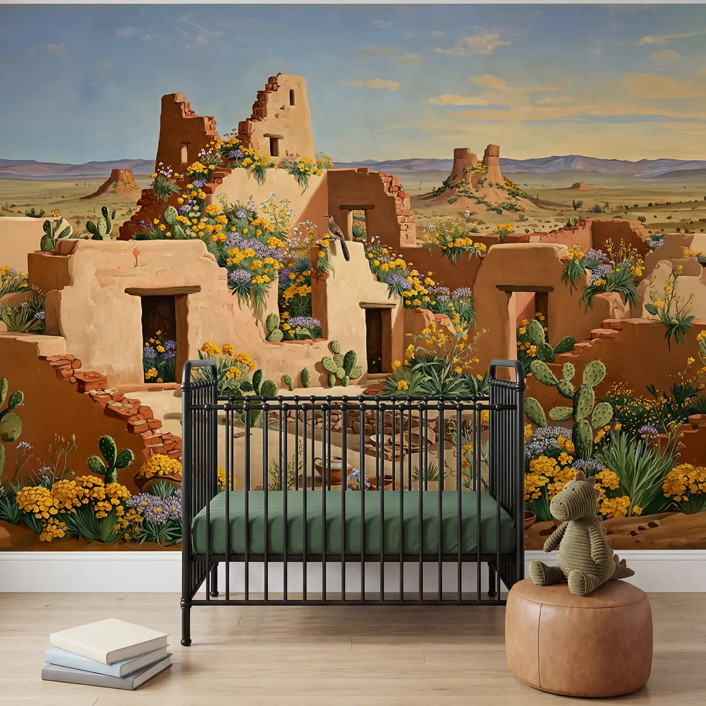 Modern Illustration pueblo ruins desert wildflower wallpaper mural for boys room by Whimsy Tots