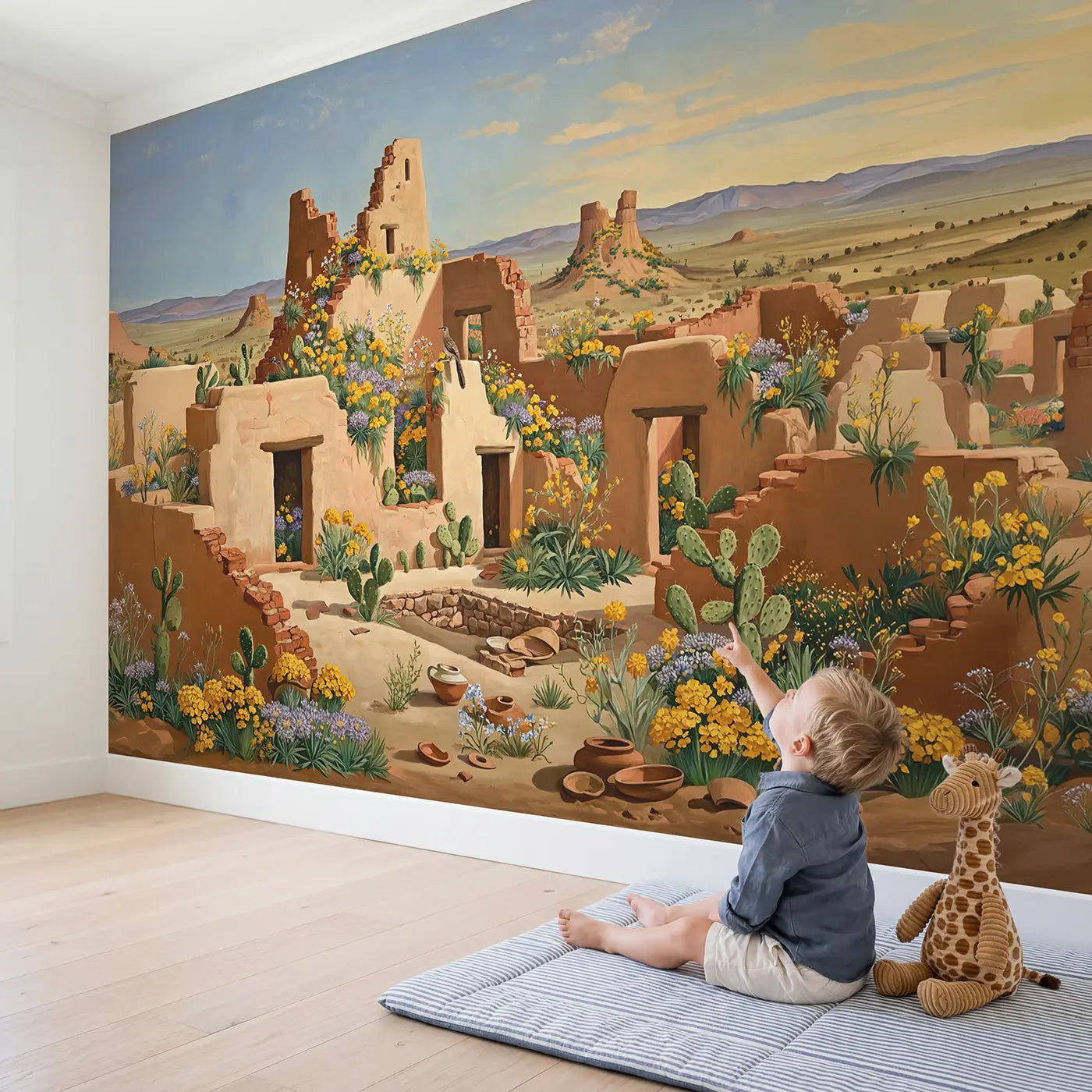 Child in nursery with Pueblo Ruins Desert Wildflower Wallpaper Mural by Whimsy Tots