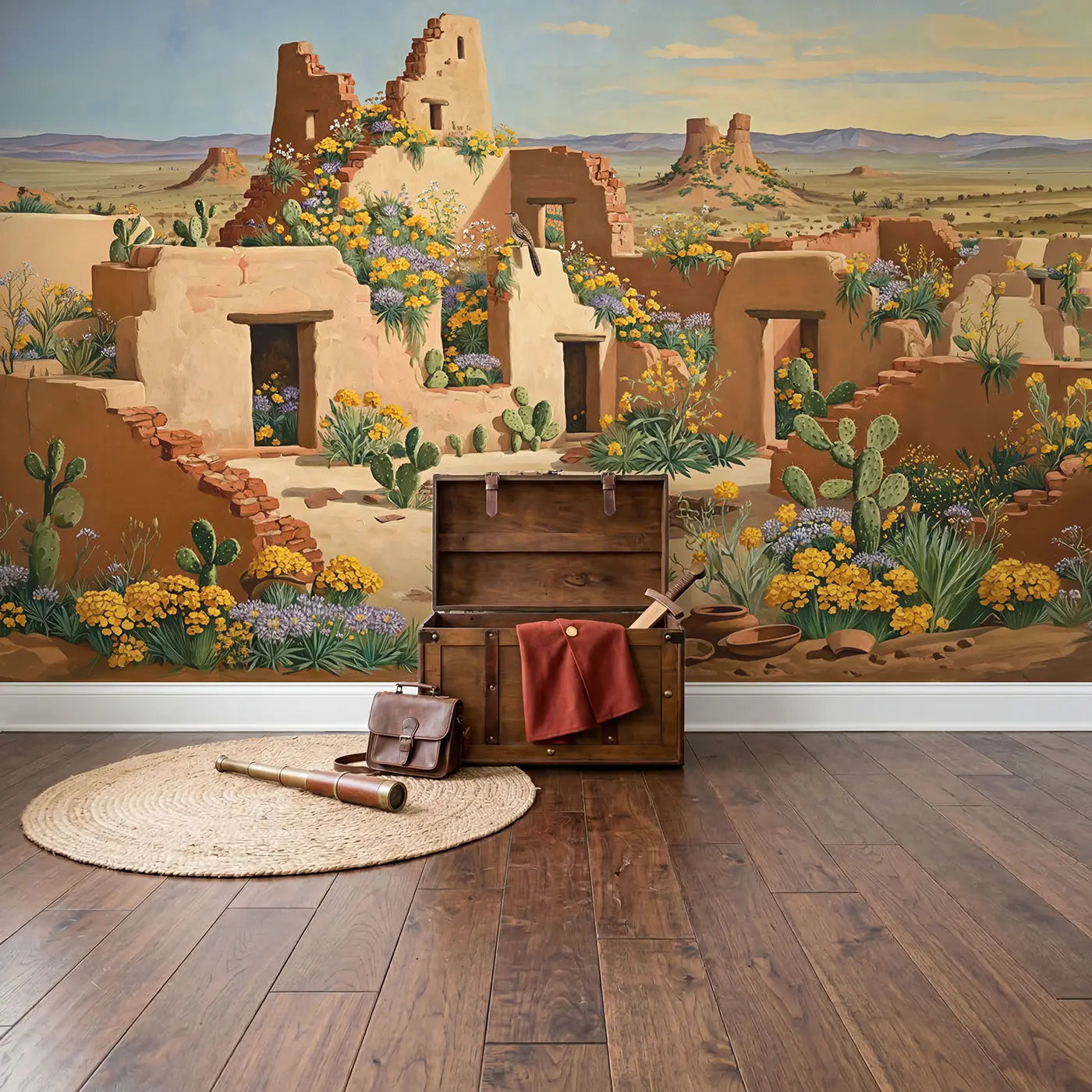 Pueblo Ruins Desert Wildflower Wallpaper Mural in playroom setting by Whimsy Tots